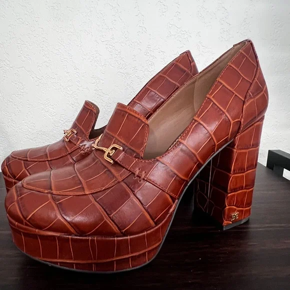 Sam Edelman Brown Platform Shoes with Croc Pattern - Picture 2 of 6